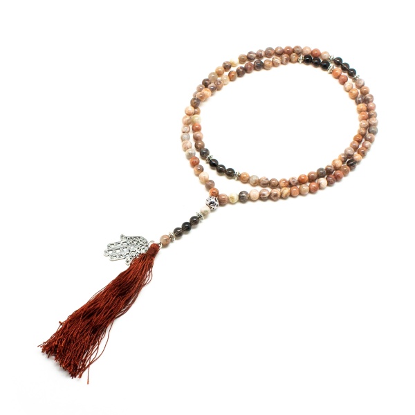 Moonstone and Smoky Quartz Prayer Beads with Fatima Hand Charm-198640