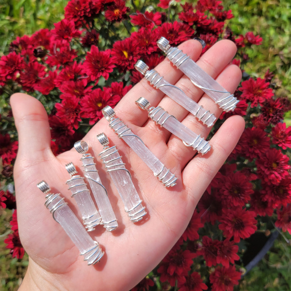 Satin Spar Selenite Wire Wrapped Pendant