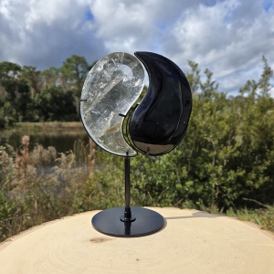 Taijitu Symbol Clear Quartz & Obsidian with Stand