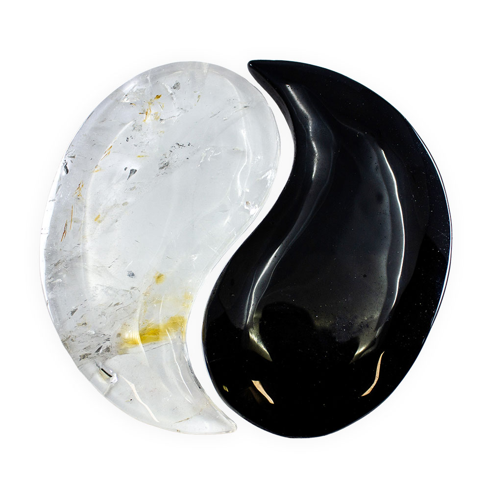 Taijitu Symbol Clear Quartz & Obsidian with Stand - Image 3