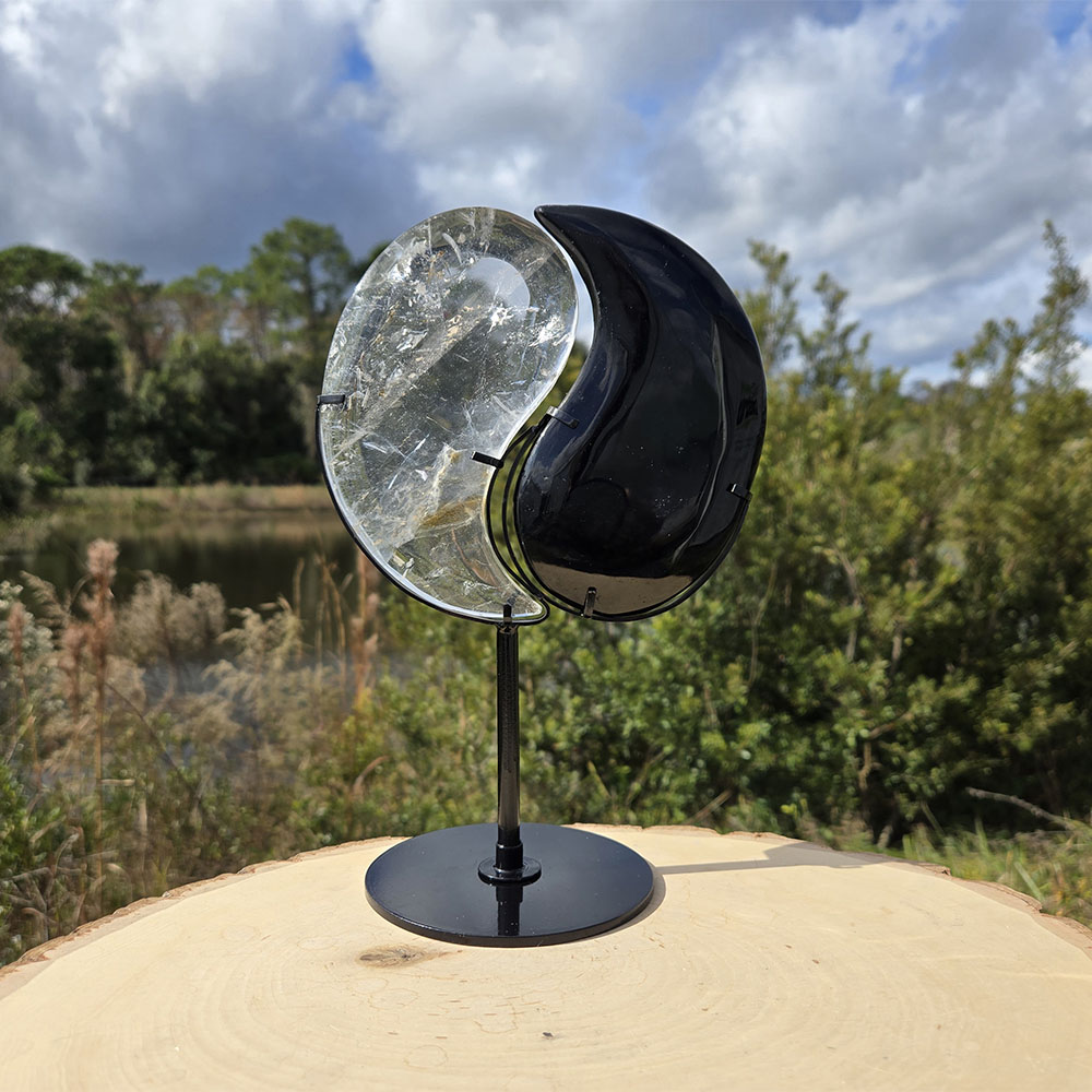 Taijitu Symbol Clear Quartz & Obsidian with Stand