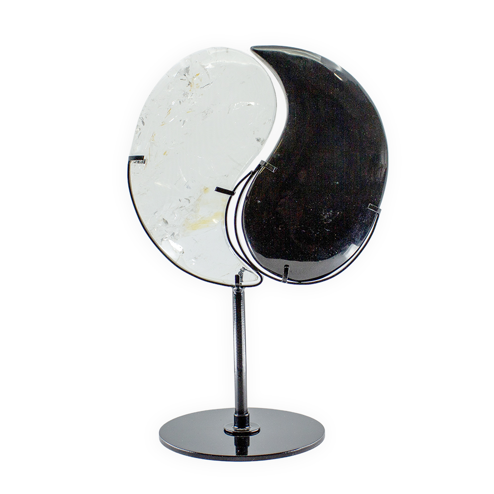 Taijitu Symbol Clear Quartz & Obsidian with Stand - Image 2