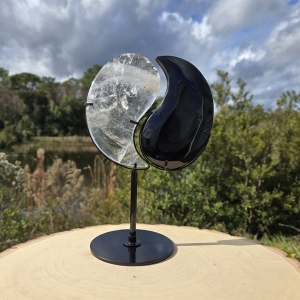 Taijitu Symbol Clear Quartz & Obsidian with Stand