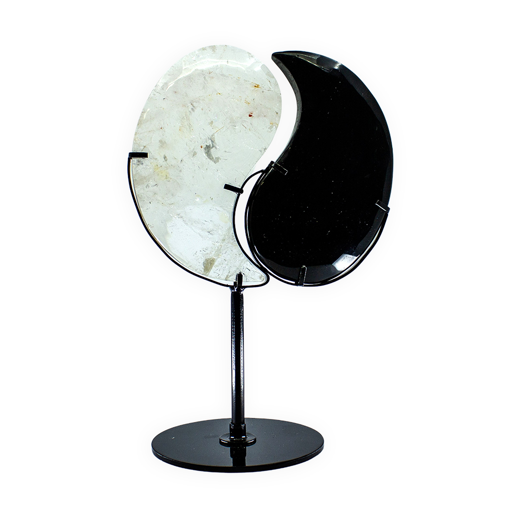 Taijitu Symbol Clear Quartz & Obsidian with Stand - Image 2