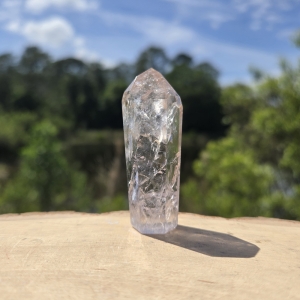 UV Powellite in Amethyst Quartz Point with Rainbow