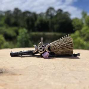 Triple Moon Mini Witch Broom with Amethyst