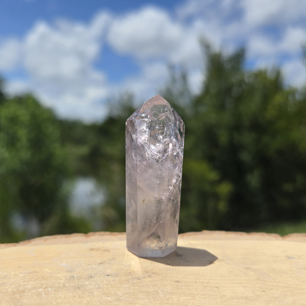 UV Powellite in Amethyst Channeling Quartz Point with Rainbow