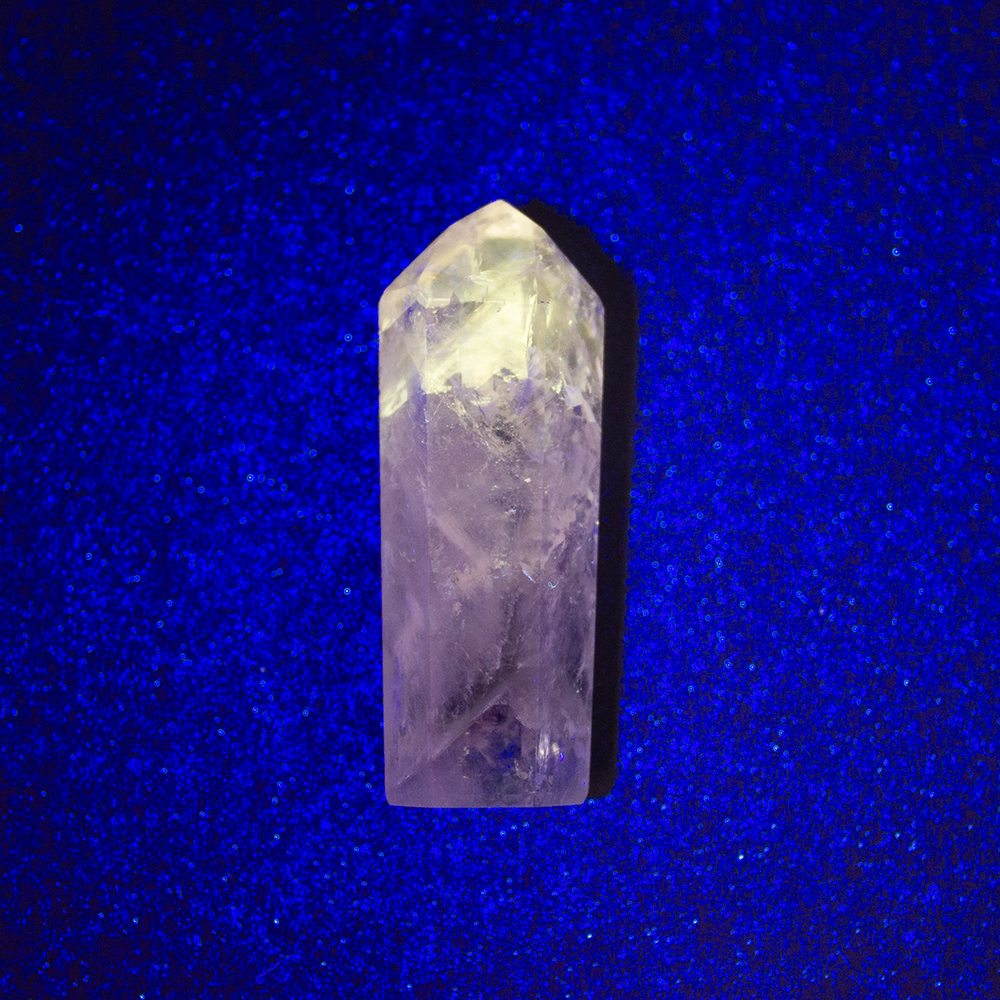 UV Powellite in Amethyst Channeling Quartz Point with Rainbow - Image 5