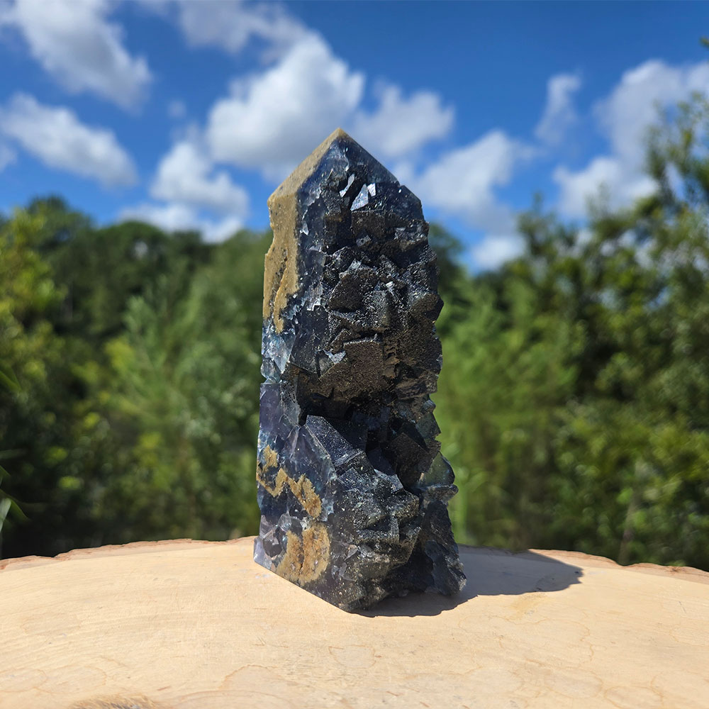 Blue Cubic Fluorite Tower with Pyrite