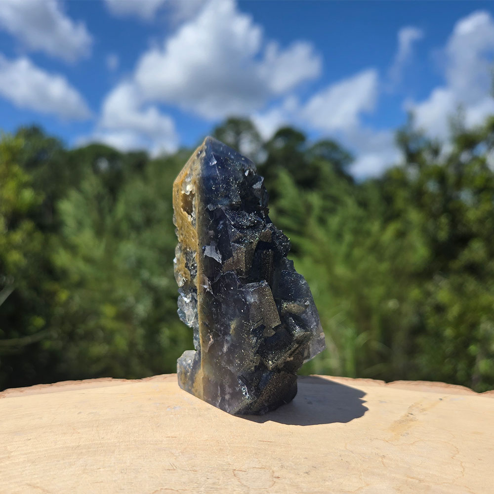 Blue Cubic Fluorite Tower with Pyrite