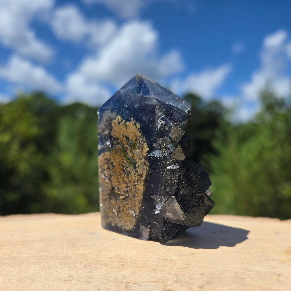 Blue Cubic Fluorite Tower with Pyrite