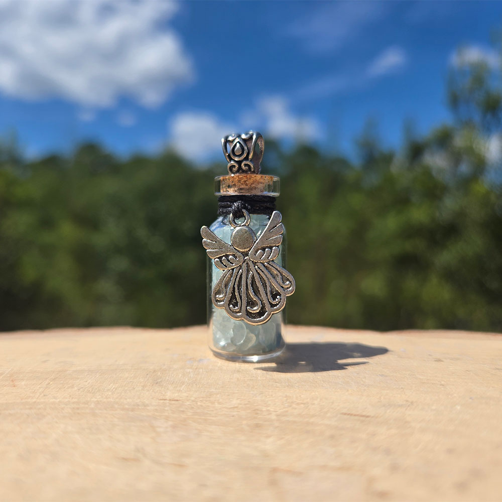 Aquamarine Chips Bottle Pendant and Angel Charm